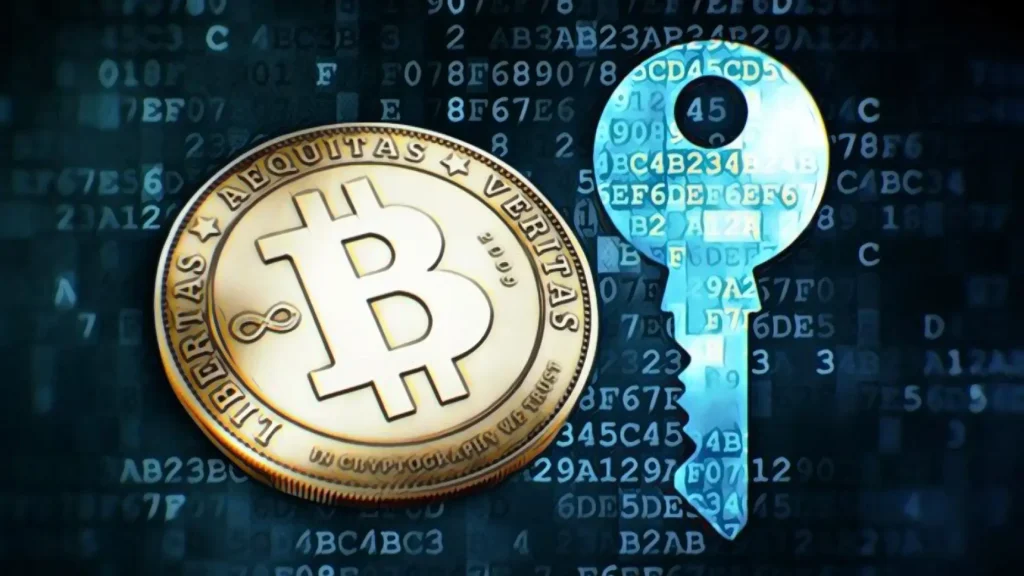 An image of a gold coin with a bitcoin symbol and a digital key on a background of codes, symbolizing security and encryption in cryptocurrency.